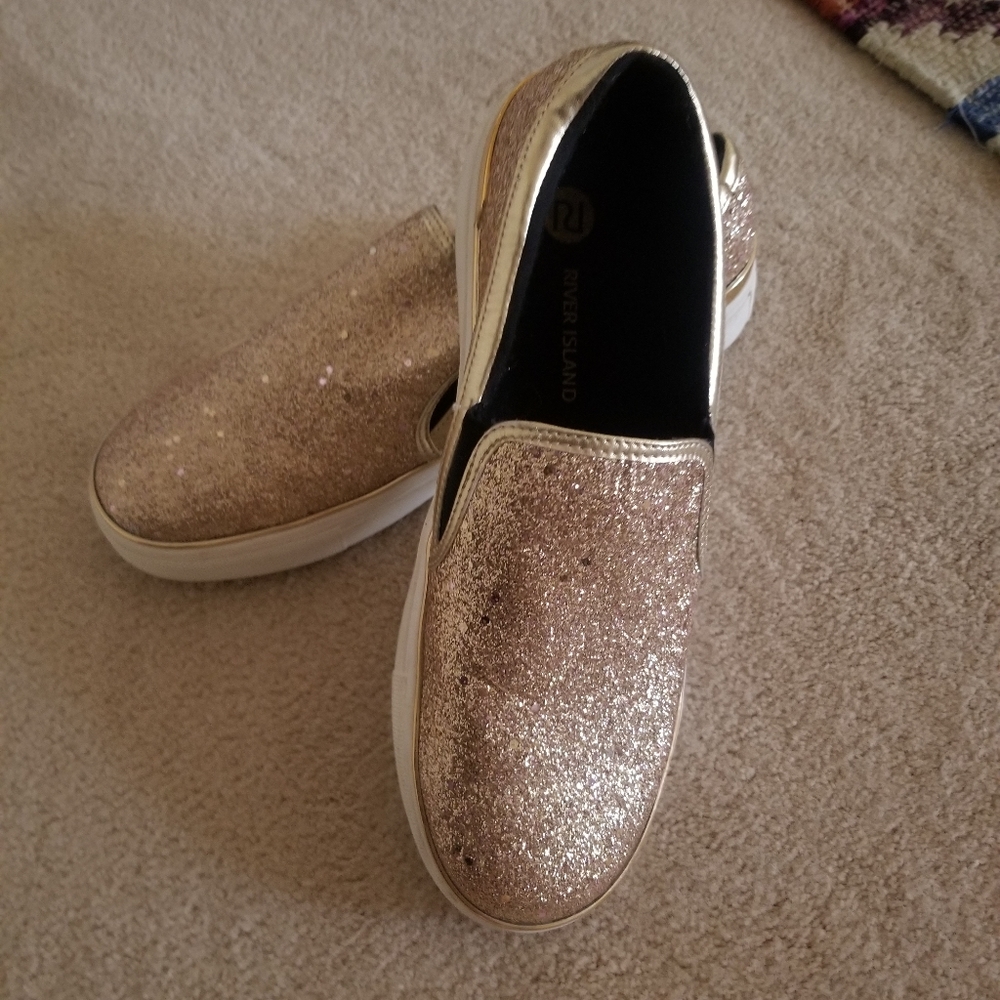 Gold glitter slip ons